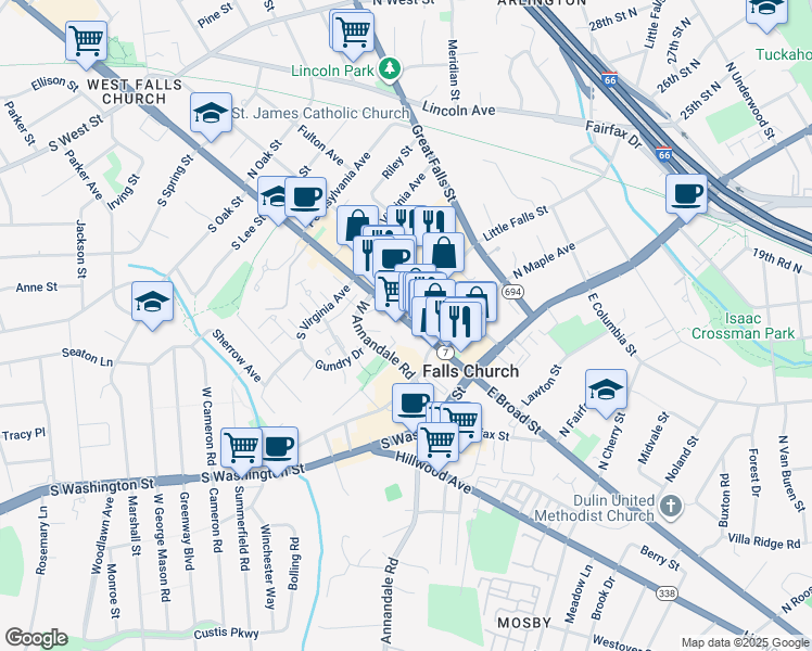 map of restaurants, bars, coffee shops, grocery stores, and more near 301 West Broad Street in Falls Church