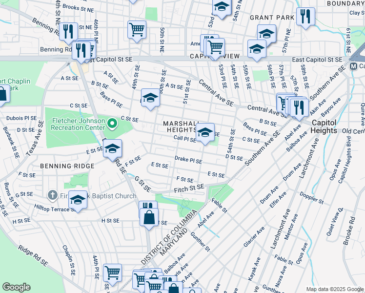 map of restaurants, bars, coffee shops, grocery stores, and more near 5108 D Street Southeast in Washington