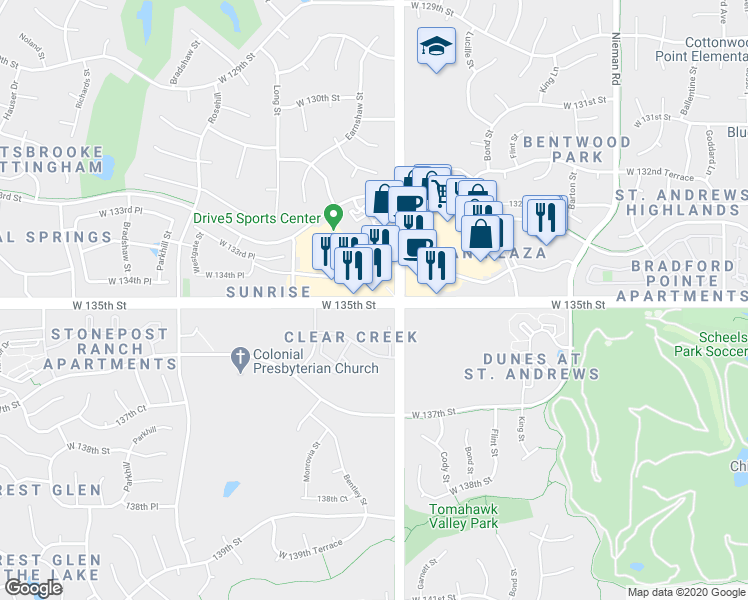 map of restaurants, bars, coffee shops, grocery stores, and more near 12084 W 135th St in Overland Park