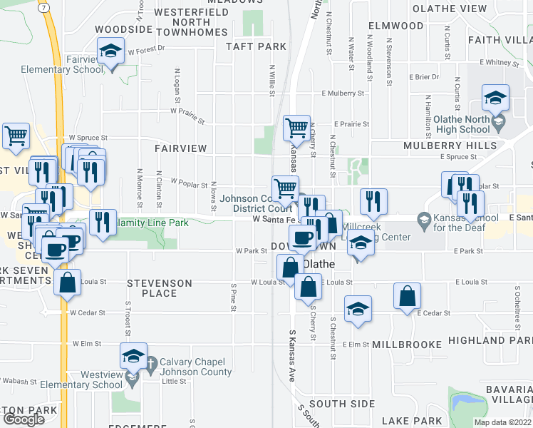 map of restaurants, bars, coffee shops, grocery stores, and more near 226 North Walnut Street in Olathe