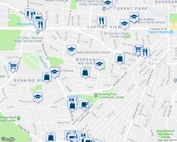 map of restaurants, bars, coffee shops, grocery stores, and more near 5108 D Street Southeast in Washington