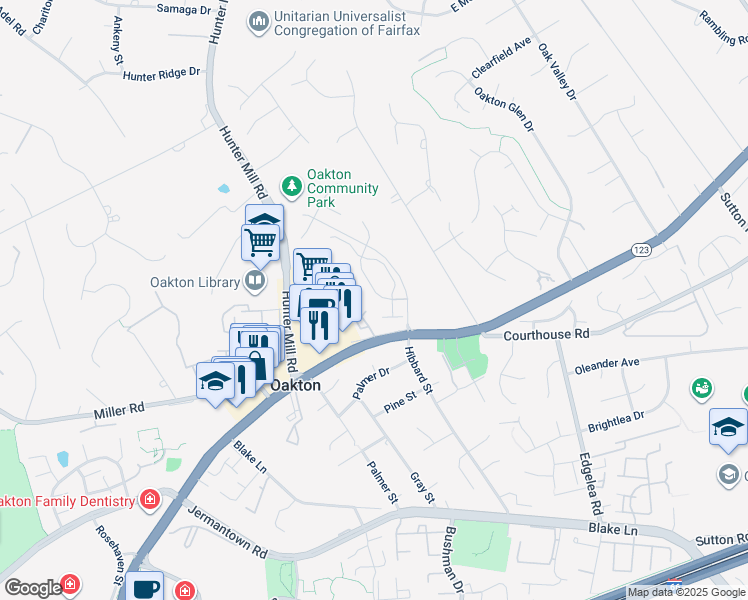 map of restaurants, bars, coffee shops, grocery stores, and more near 10159 Castlewood Lane in Oakton