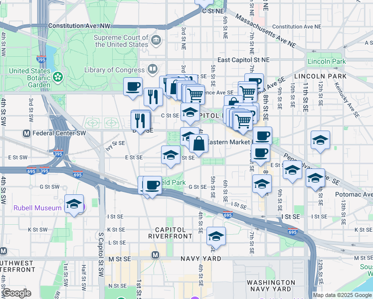 map of restaurants, bars, coffee shops, grocery stores, and more near 101 Independence Avenue Southeast in Washington