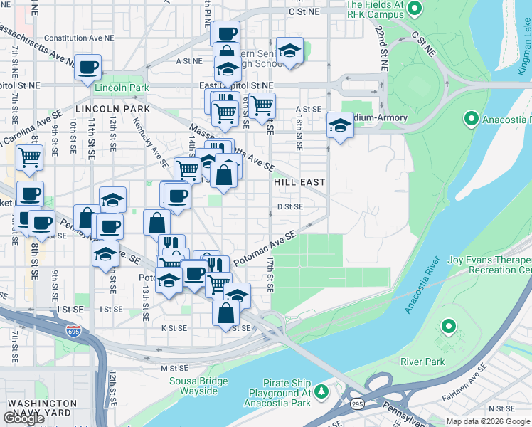 map of restaurants, bars, coffee shops, grocery stores, and more near 101 Independence Avenue Southeast in Washington