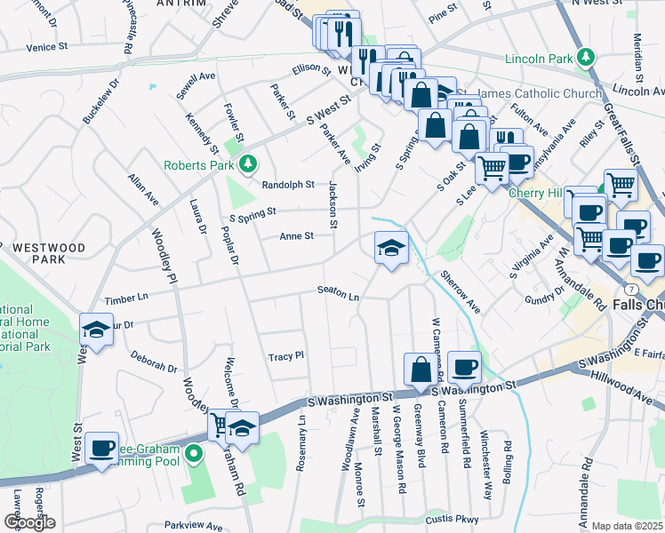 map of restaurants, bars, coffee shops, grocery stores, and more near 503 Timber Lane in Falls Church
