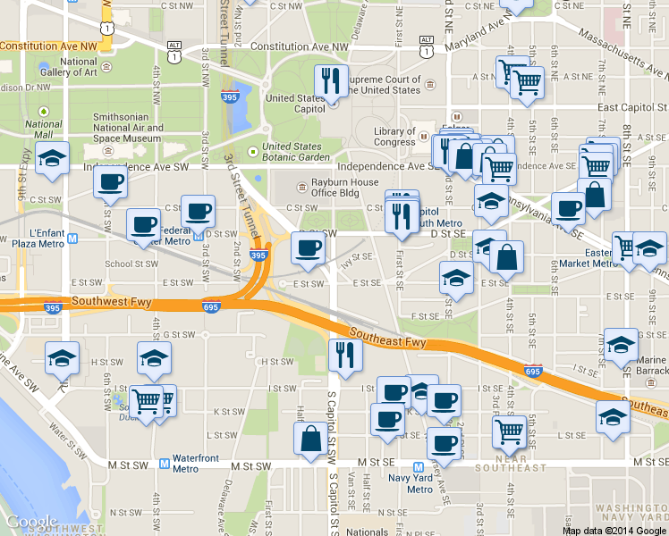 map of restaurants, bars, coffee shops, grocery stores, and more near South Capitol St SE & Washington Ave SW in Washington