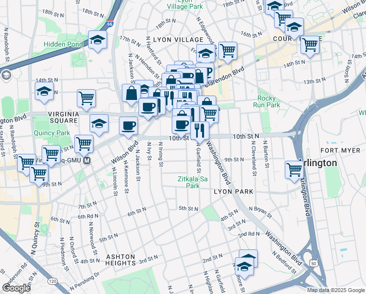map of restaurants, bars, coffee shops, grocery stores, and more near 3103 9th Road North in Arlington