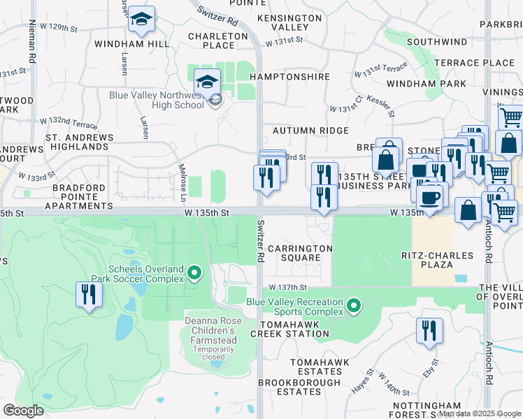 map of restaurants, bars, coffee shops, grocery stores, and more near W 135th St & Switzer Rd in Overland Park