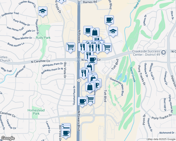 map of restaurants, bars, coffee shops, grocery stores, and more near 3690 New Center Point in Colorado Springs