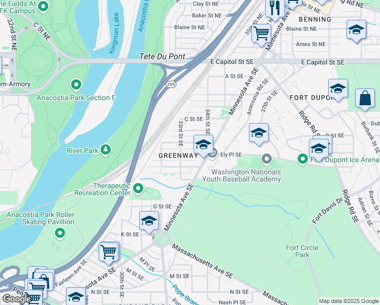 map of restaurants, bars, coffee shops, grocery stores, and more near 3316-3320 D Street Southeast in Washington