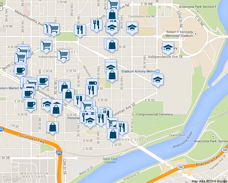 map of restaurants, bars, coffee shops, grocery stores, and more near 101 Independence Avenue Southeast in Washington