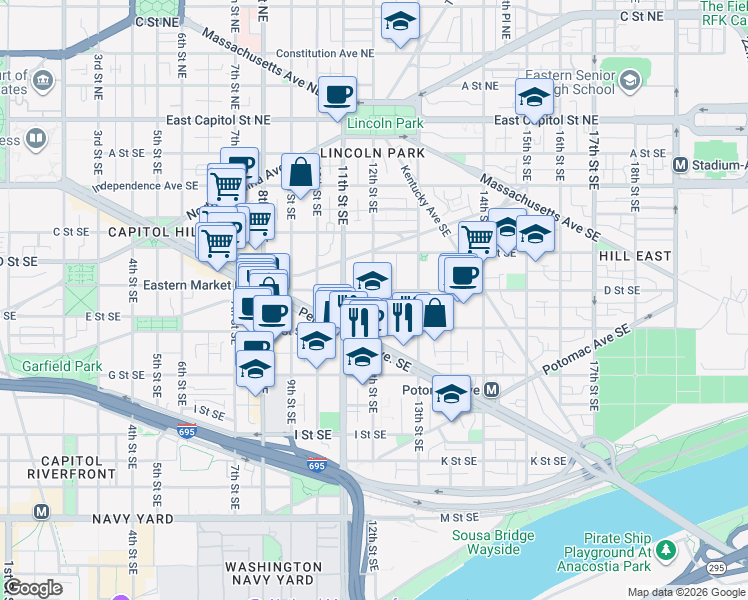 map of restaurants, bars, coffee shops, grocery stores, and more near 101 Independence Avenue Southeast in Washington