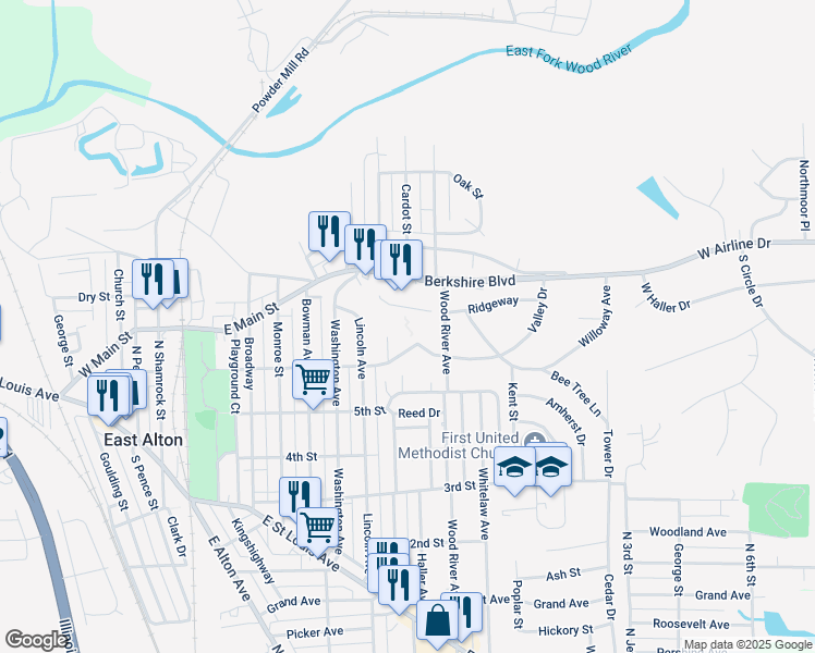 map of restaurants, bars, coffee shops, grocery stores, and more near 634 Berkshire Boulevard in East Alton