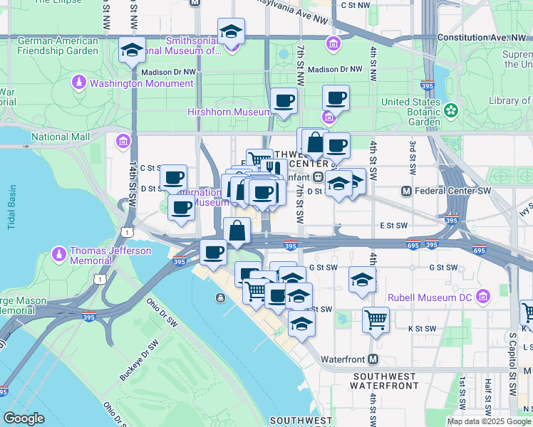 map of restaurants, bars, coffee shops, grocery stores, and more near 480 L'Enfant Plaza Southwest in Washington