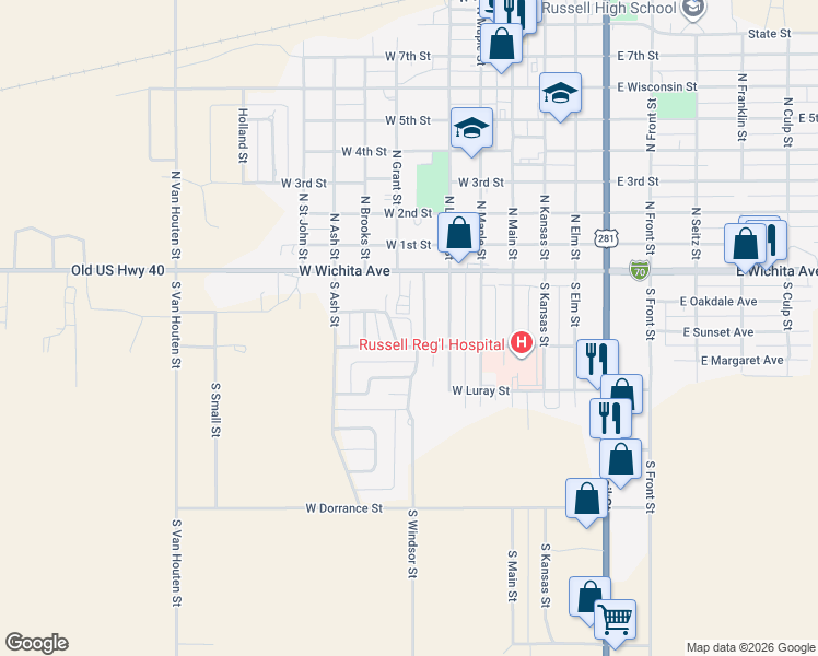 map of restaurants, bars, coffee shops, grocery stores, and more near 2-198 Windsor Trailer Court in Russell