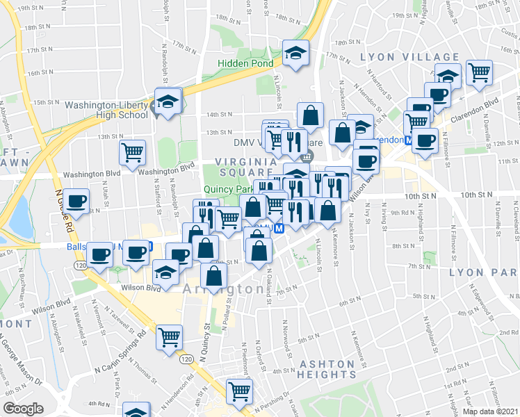 map of restaurants, bars, coffee shops, grocery stores, and more near 10th St N & N Nelson St in Arlington