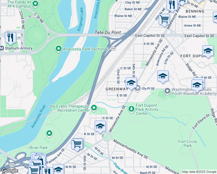 map of restaurants, bars, coffee shops, grocery stores, and more near 3202 Ely Place Southeast in Washington