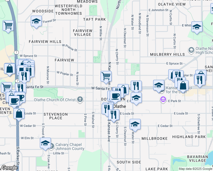 map of restaurants, bars, coffee shops, grocery stores, and more near 200 West Santa Fe Street in Olathe