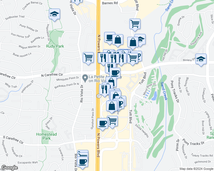 map of restaurants, bars, coffee shops, grocery stores, and more near 3650 New Center Point in Colorado Springs