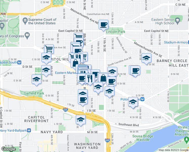 map of restaurants, bars, coffee shops, grocery stores, and more near 101 Independence Avenue Southeast in Washington