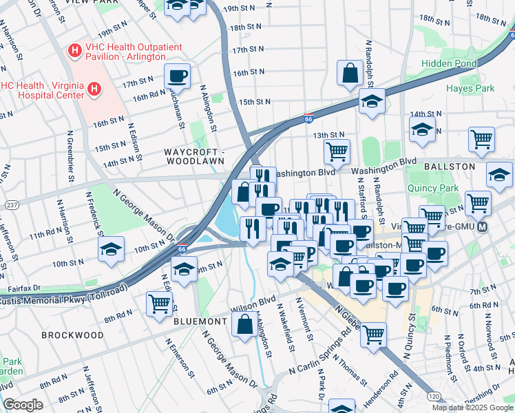 map of restaurants, bars, coffee shops, grocery stores, and more near 1110 North Glebe Road in Arlington
