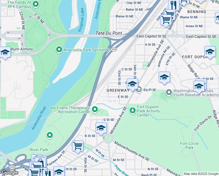 map of restaurants, bars, coffee shops, grocery stores, and more near 3202 Ely Place Southeast in Washington