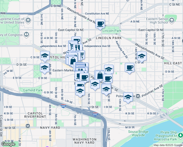 map of restaurants, bars, coffee shops, grocery stores, and more near 101 Independence Avenue Southeast in Washington