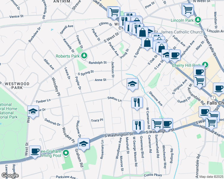 map of restaurants, bars, coffee shops, grocery stores, and more near 503 Timber Lane in Falls Church