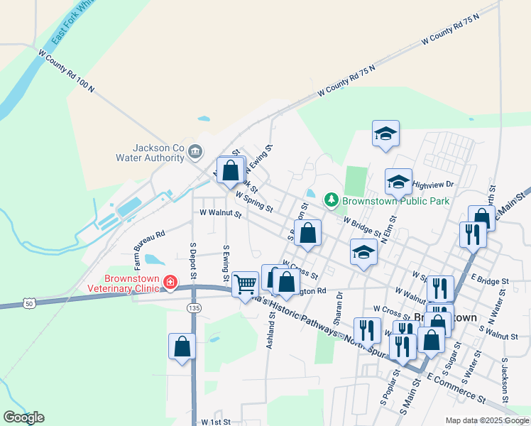 map of restaurants, bars, coffee shops, grocery stores, and more near 1012 West Spring Street in Brownstown