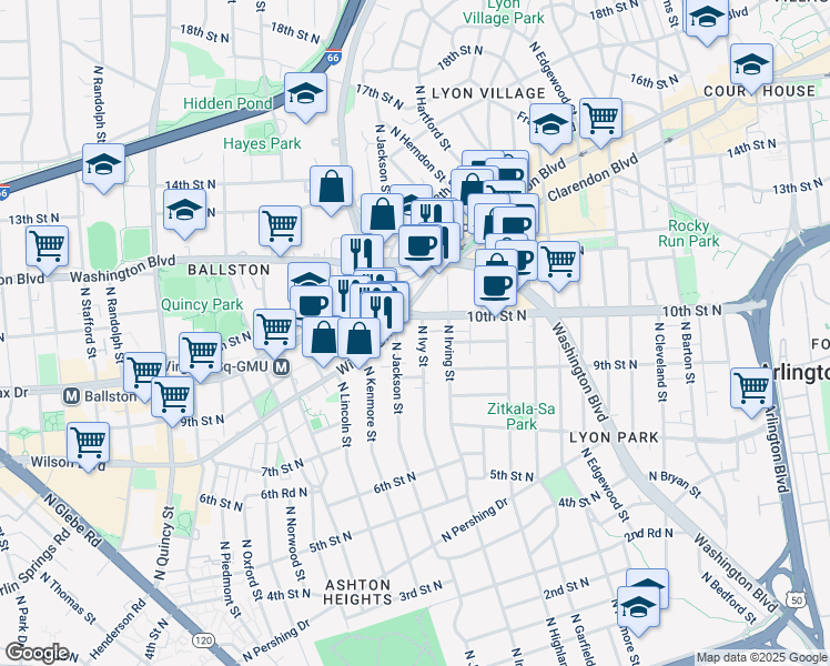 map of restaurants, bars, coffee shops, grocery stores, and more near 928 North Ivy Street in Arlington