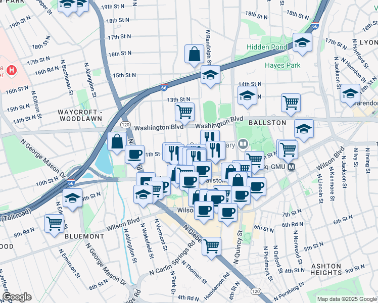 map of restaurants, bars, coffee shops, grocery stores, and more near North Stuart Street in Arlington