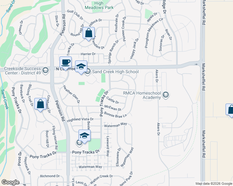 map of restaurants, bars, coffee shops, grocery stores, and more near 2523 Pony Tracks Drive in Colorado Springs