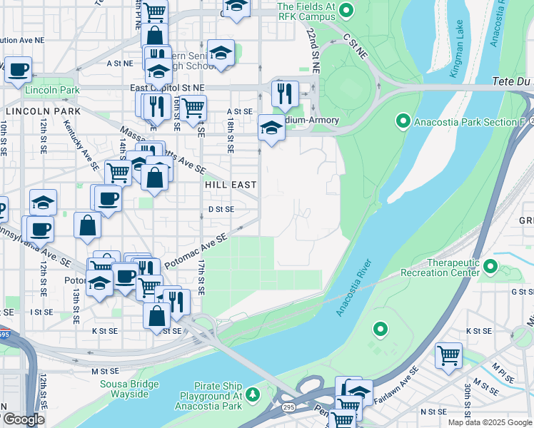 map of restaurants, bars, coffee shops, grocery stores, and more near 1901 D Street Southeast in Washington