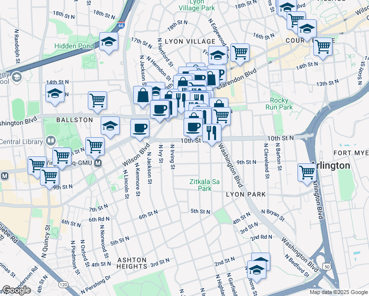 map of restaurants, bars, coffee shops, grocery stores, and more near 3119 9th Road North in Arlington