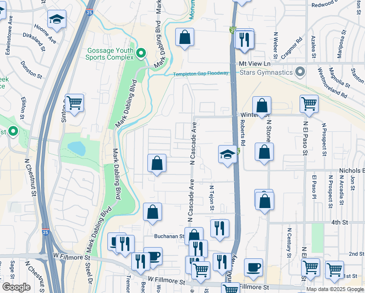 map of restaurants, bars, coffee shops, grocery stores, and more near in Colorado Springs
