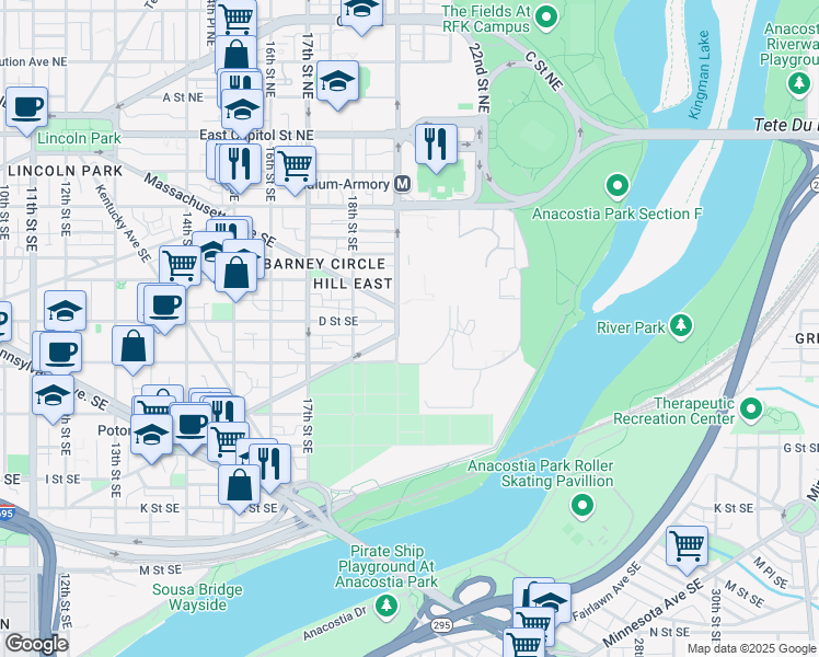 map of restaurants, bars, coffee shops, grocery stores, and more near 101 Independence Avenue Southeast in Washington