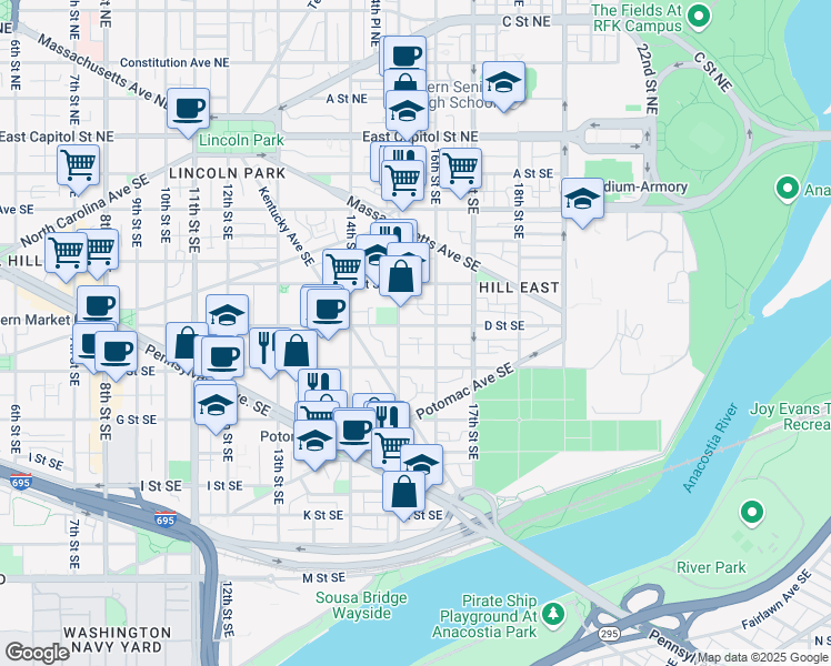 map of restaurants, bars, coffee shops, grocery stores, and more near 101 Independence Avenue Southeast in Washington