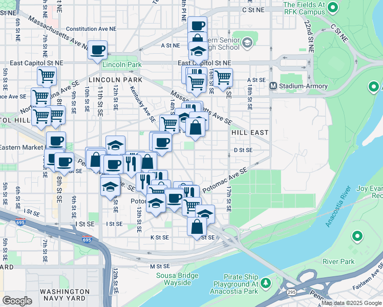 map of restaurants, bars, coffee shops, grocery stores, and more near 101 Independence Avenue Southeast in Washington