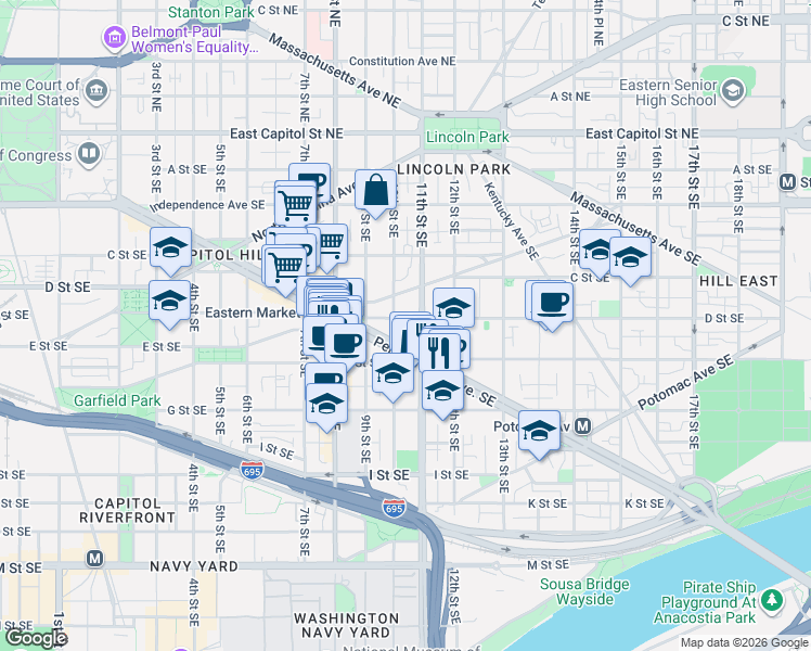 map of restaurants, bars, coffee shops, grocery stores, and more near 101 Independence Avenue Southeast in Washington