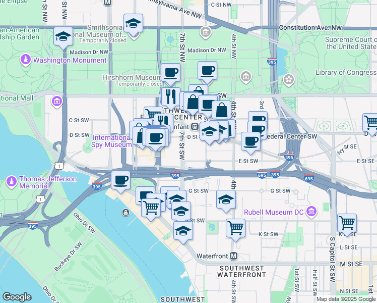 map of restaurants, bars, coffee shops, grocery stores, and more near 101 Independence Avenue Southeast in Washington