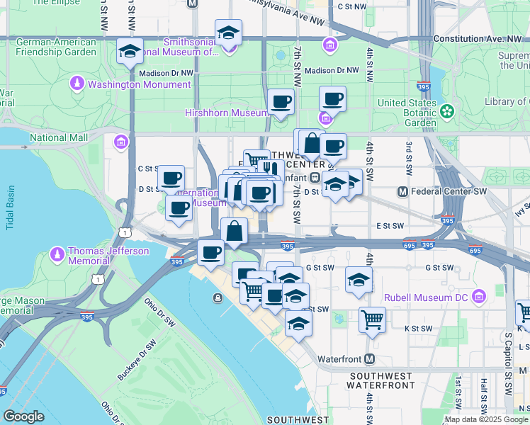 map of restaurants, bars, coffee shops, grocery stores, and more near 101 Independence Avenue Southeast in Washington
