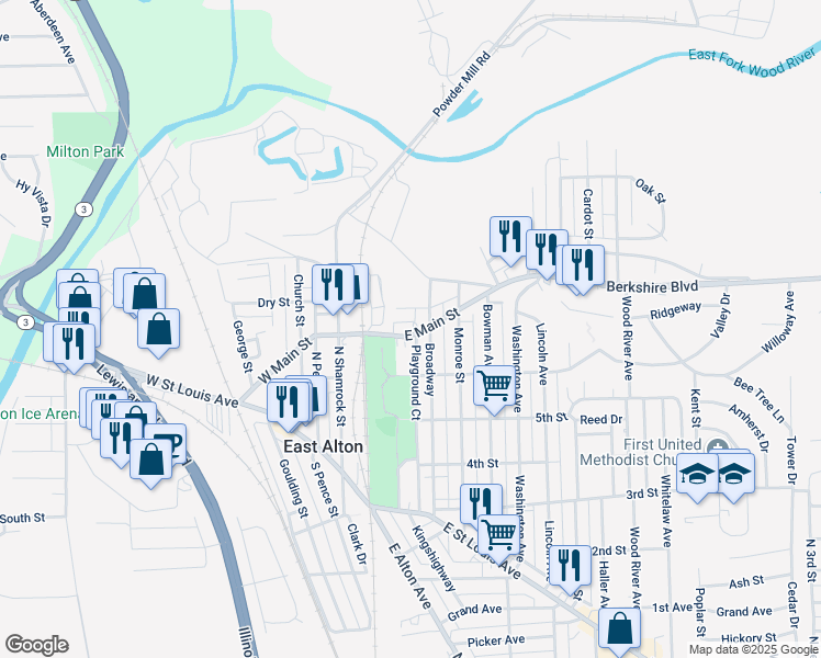 map of restaurants, bars, coffee shops, grocery stores, and more near 110 Bell Street in East Alton