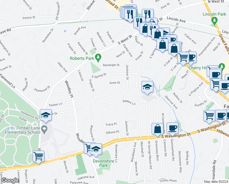 map of restaurants, bars, coffee shops, grocery stores, and more near 512 Timber Lane in Falls Church