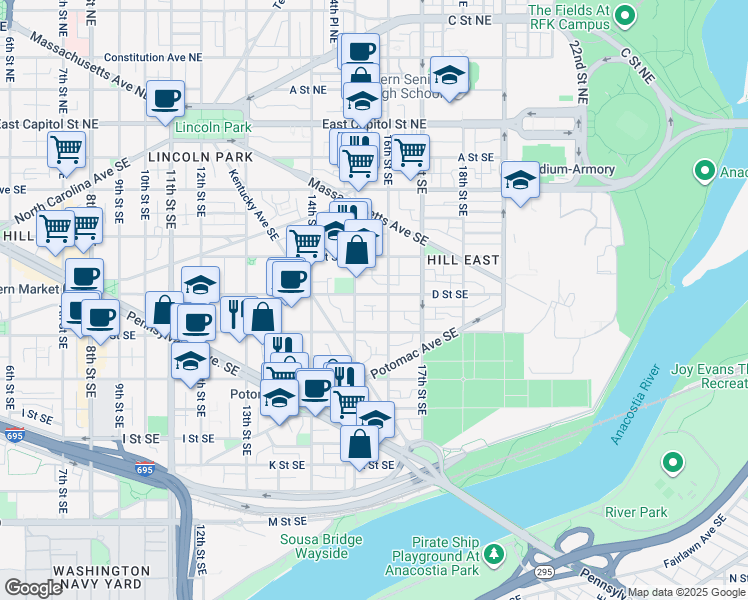 map of restaurants, bars, coffee shops, grocery stores, and more near 1523 D Street Southeast in Washington