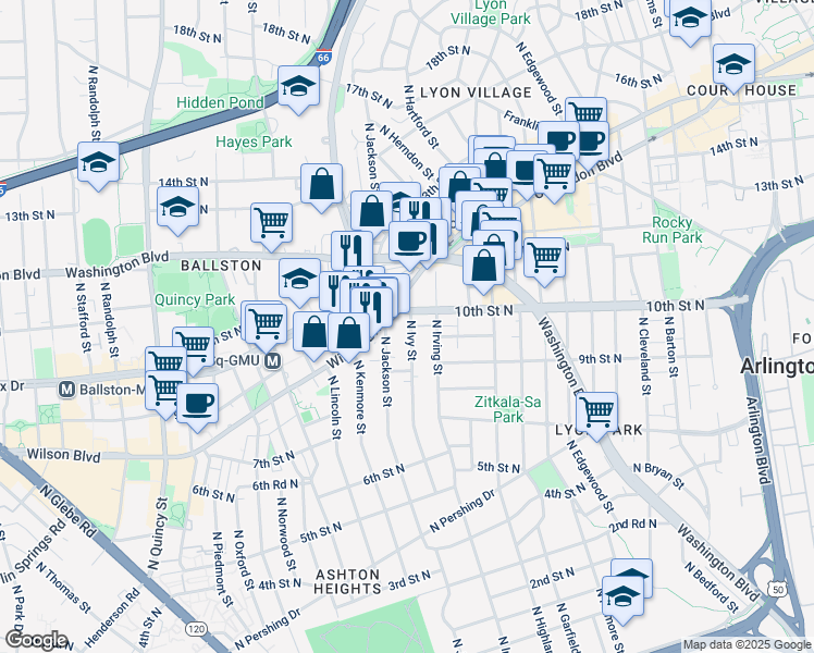 map of restaurants, bars, coffee shops, grocery stores, and more near 928 North Ivy Street in Arlington