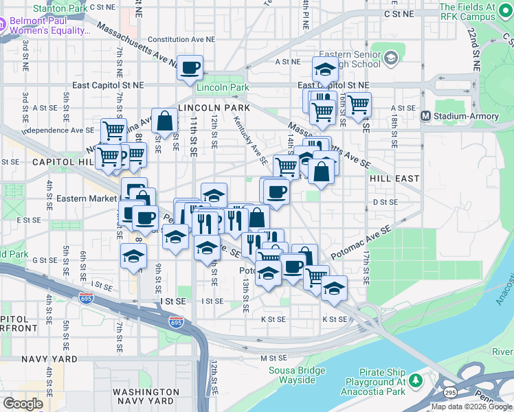 map of restaurants, bars, coffee shops, grocery stores, and more near 101 Independence Avenue Southeast in Washington