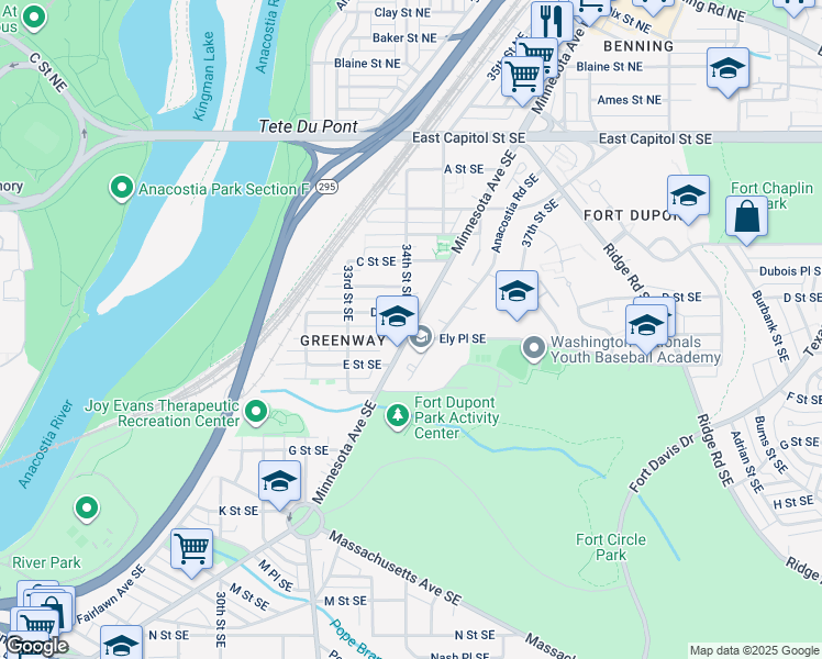 map of restaurants, bars, coffee shops, grocery stores, and more near 3354 D Street Southeast in Washington