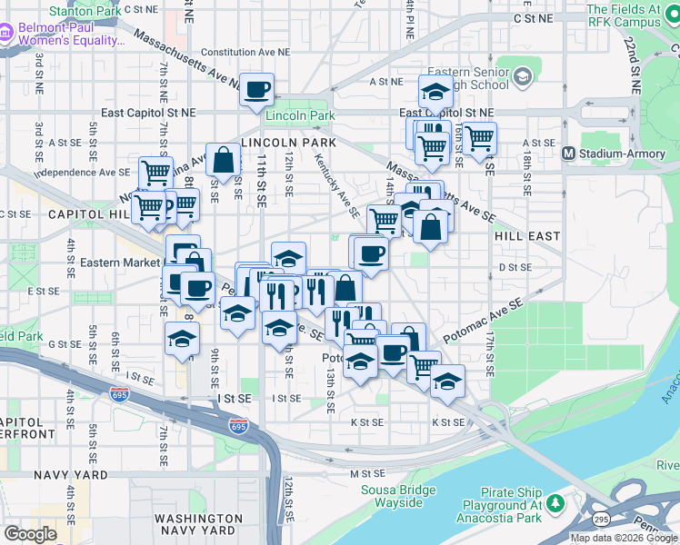 map of restaurants, bars, coffee shops, grocery stores, and more near 101 Independence Avenue Southeast in Washington