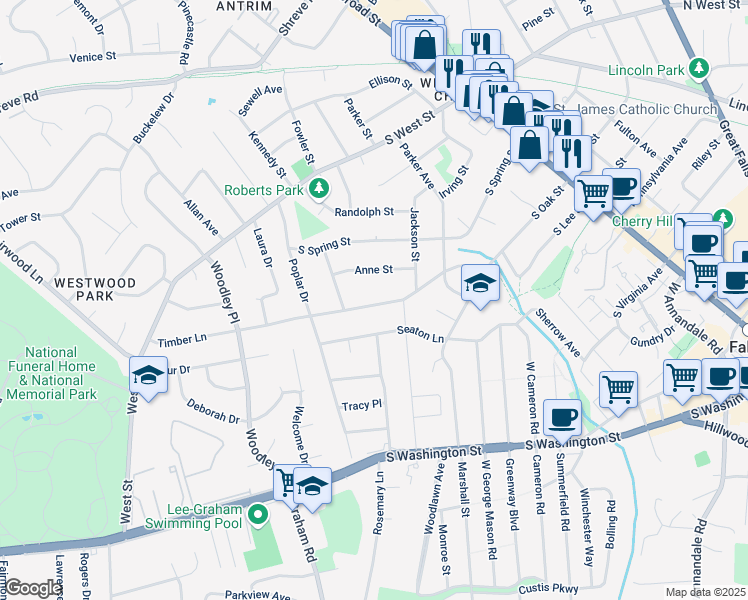 map of restaurants, bars, coffee shops, grocery stores, and more near 512 Timber Lane in Falls Church