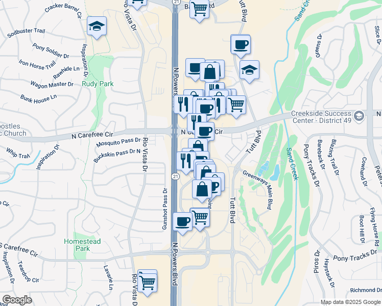 map of restaurants, bars, coffee shops, grocery stores, and more near 3650 New Center Point in Colorado Springs